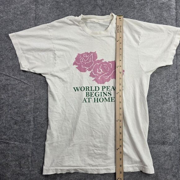Vintage World Peace Begins at Home Shirt Mens Small White Graphic Roses Distress - Picture 7 of 13